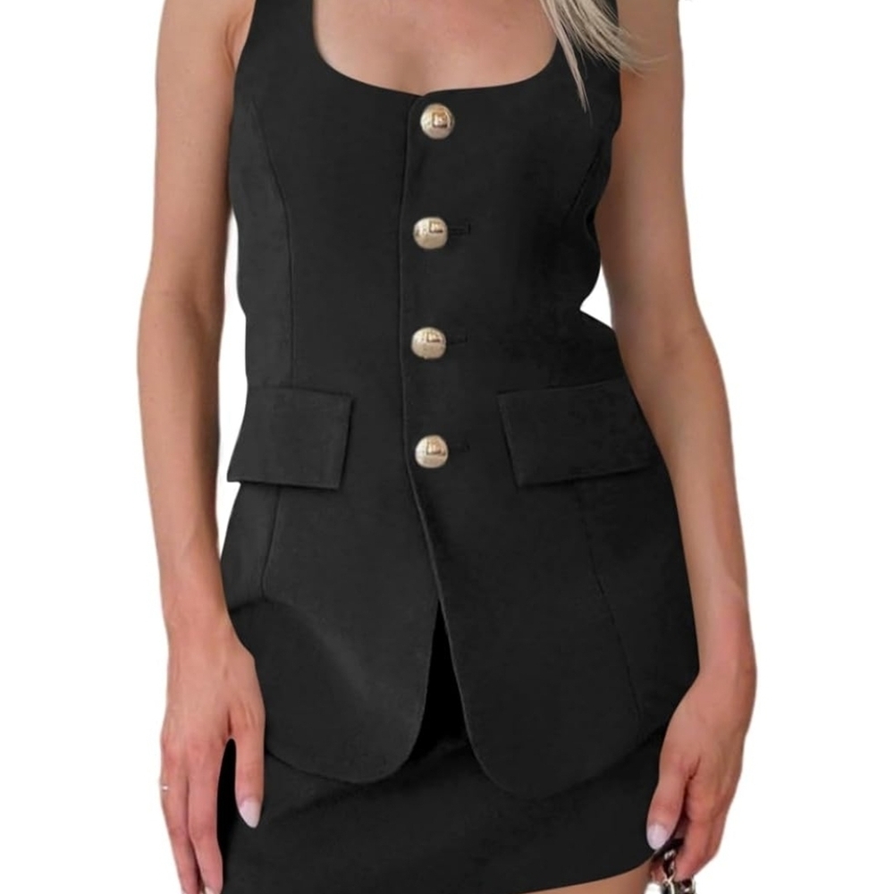 Elegant Black Button-Front 2-piece Skirt Set